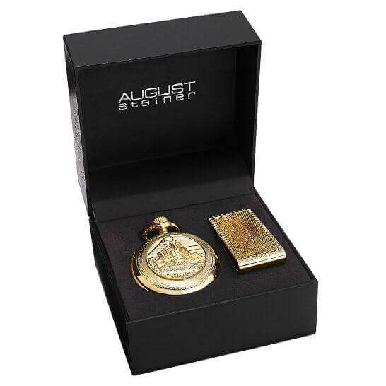 August Steiner Quartz Silver Dial Men's Pocket Watch AS8144YG, Quartz Movement, Brass Strap, 48mm Case