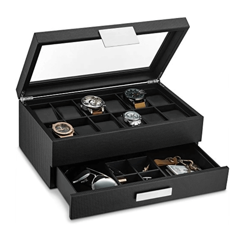 Glenor Co Watch Box With Valet Drawer For Men - 12 Slot Luxury Watch Case Display Organizer