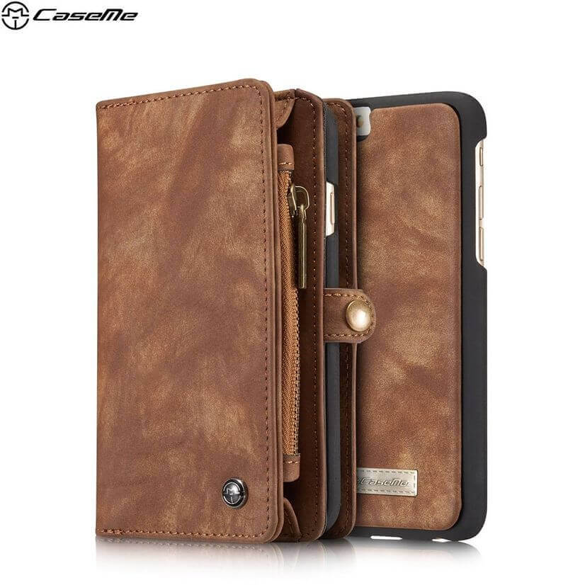 Caseme - iPhone 6 / 6S leather case wallet + card case + magnetic leather case - dark brown