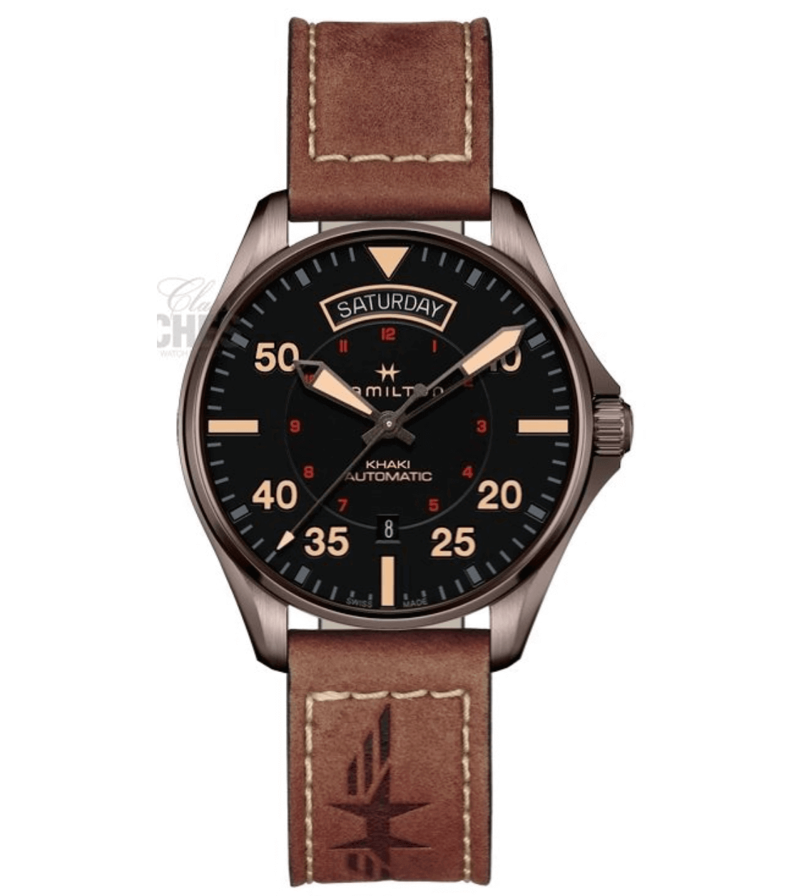 Hamilton Khaki Pilot Day Date Auto Black Dial Brown Leather Watch