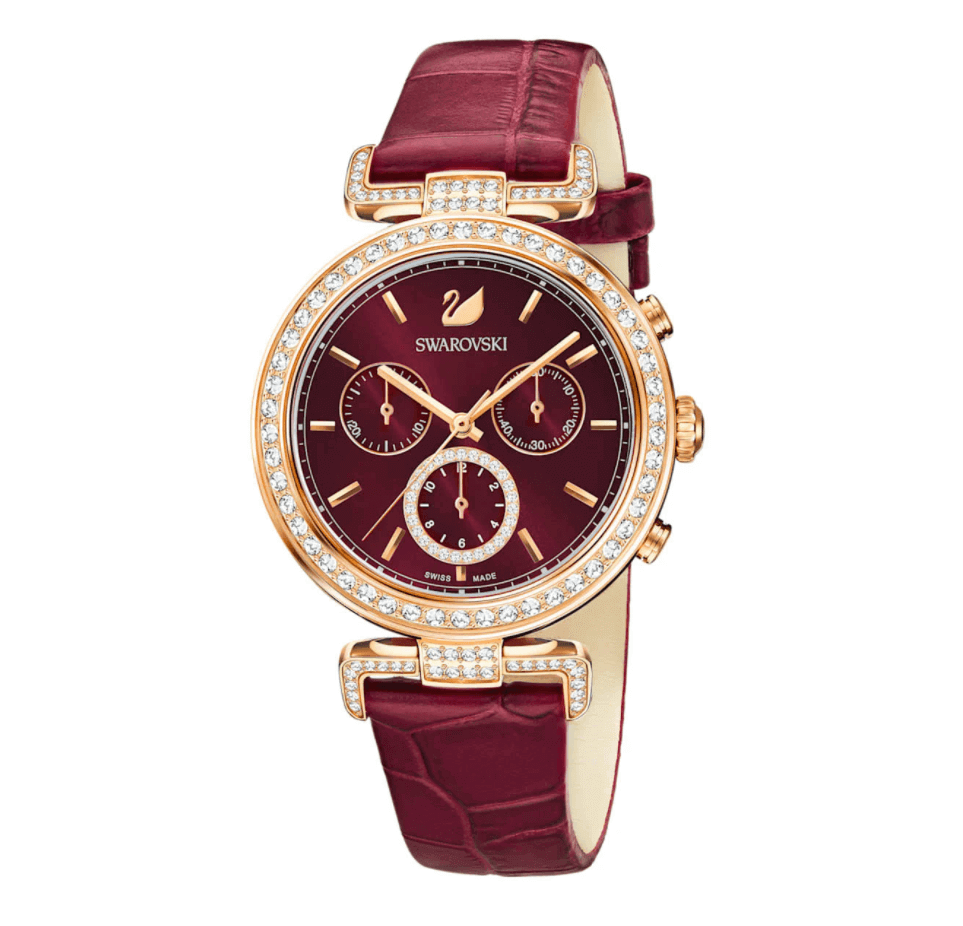 Era Journey Watch, Leather strap, Dark Red, Rose-gold tone PVD